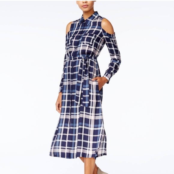 Maison Jules XL Navy Plaid Cuffed Collared Dress - Picture 2 of 13